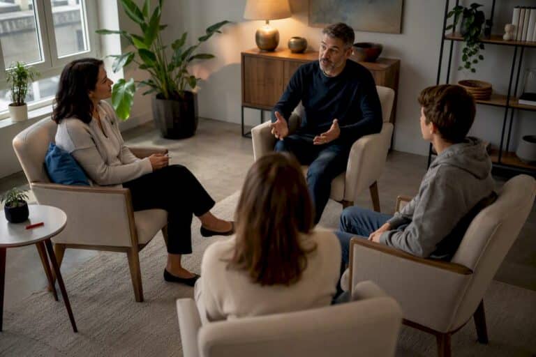 Family practicing communication in therapy