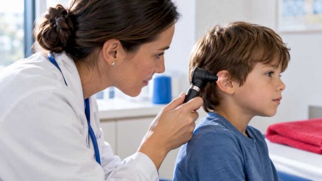Clinician examining child’s ear with otoscope