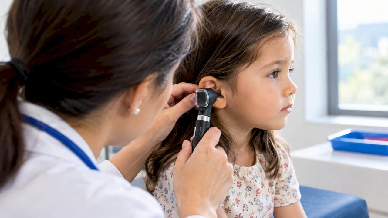Clinician examining child ear with otoscope