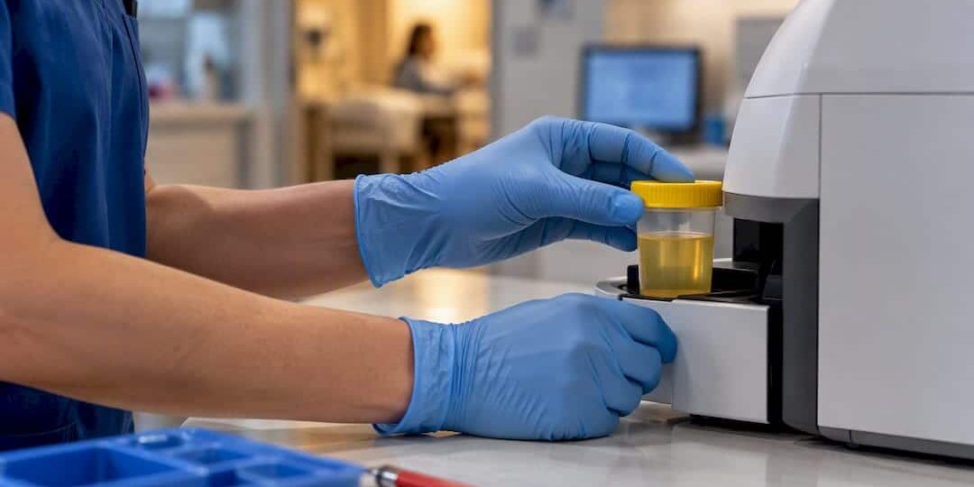 1789895551572_Clinician-preparing-an-urgent-care-urine-test Clinician preparing an urgent care urine test