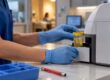 Clinician preparing an urgent care urine test