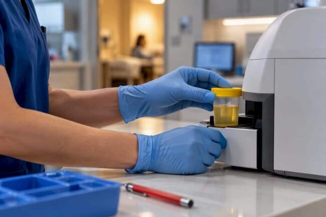 Clinician preparing an urgent care urine test