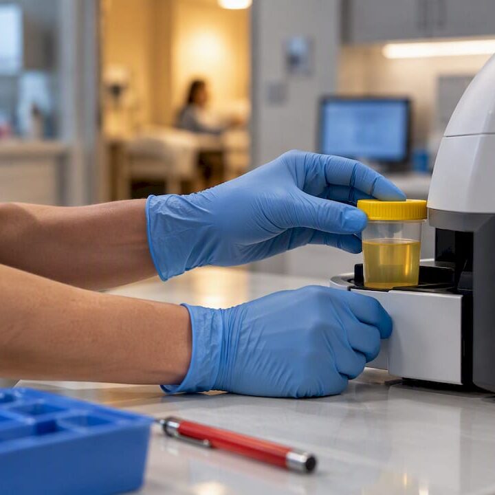 Clinician preparing an urgent care urine test