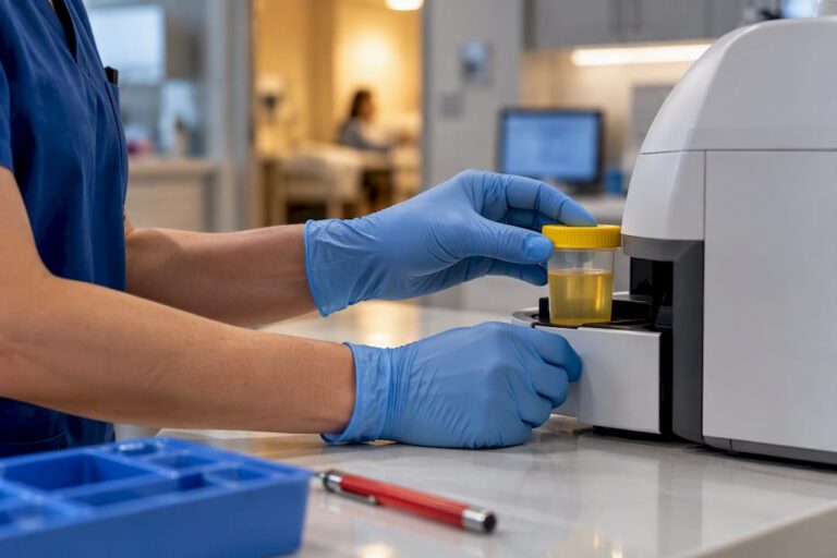 Clinician preparing an urgent care urine test