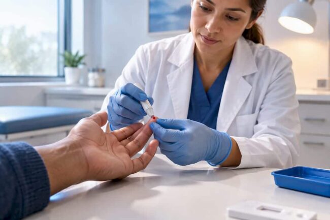 Clinician collecting a fingerstick HIV test sample
