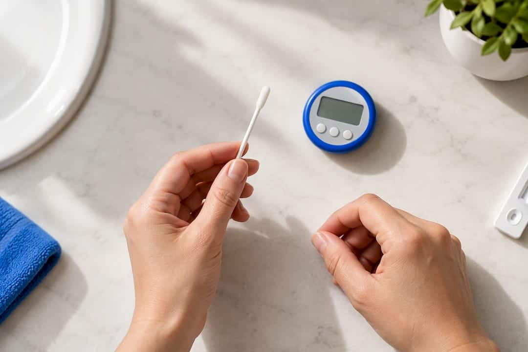Anonymous home test timer beside oral swab