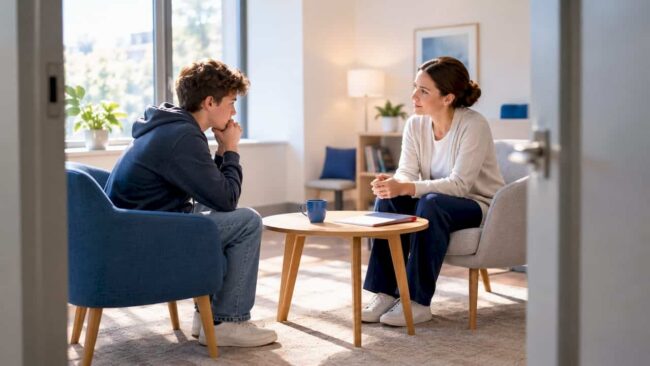 Teen working with clinician during CBT session