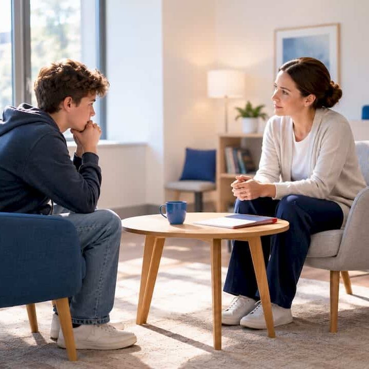 Teen working with clinician during CBT session