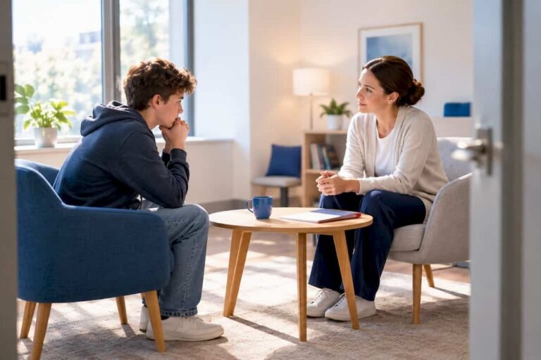 Teen working with clinician during CBT session