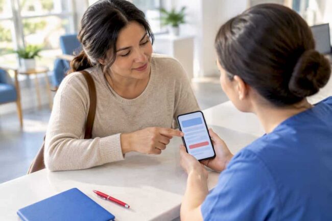 Parent verifying therapy coverage with clinic staff
