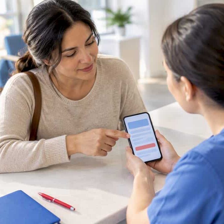 Parent verifying therapy coverage with clinic staff