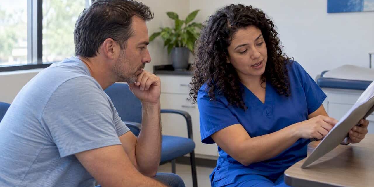Parent discussing affordable care options at clinic