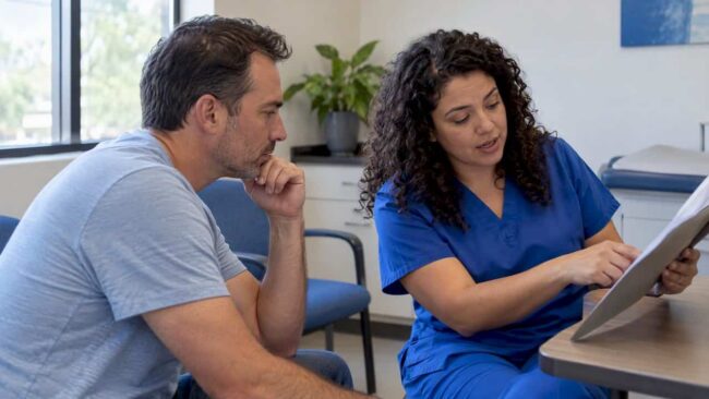 Parent discussing affordable care options at clinic