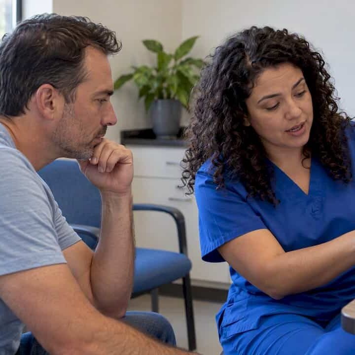 Parent discussing affordable care options at clinic