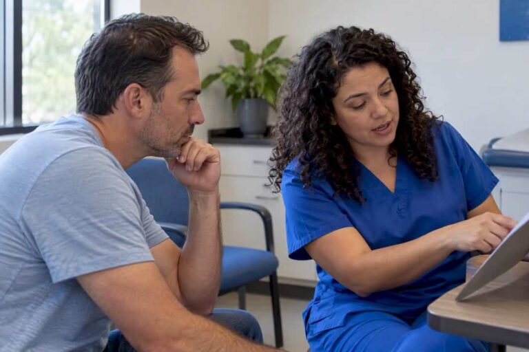 Parent discussing affordable care options at clinic