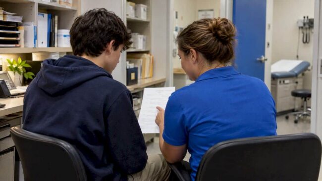 Teen discussing confidential insurance billing at clinic