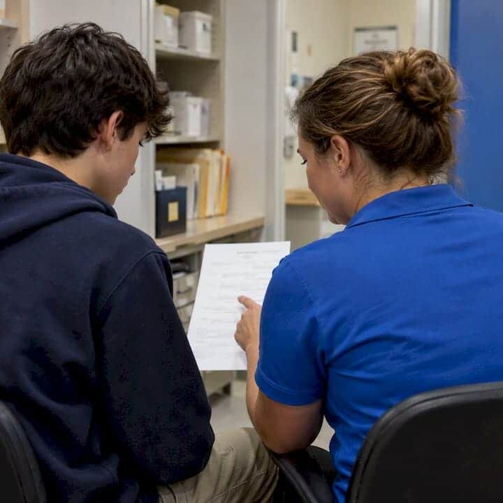 Teen discussing confidential insurance billing at clinic
