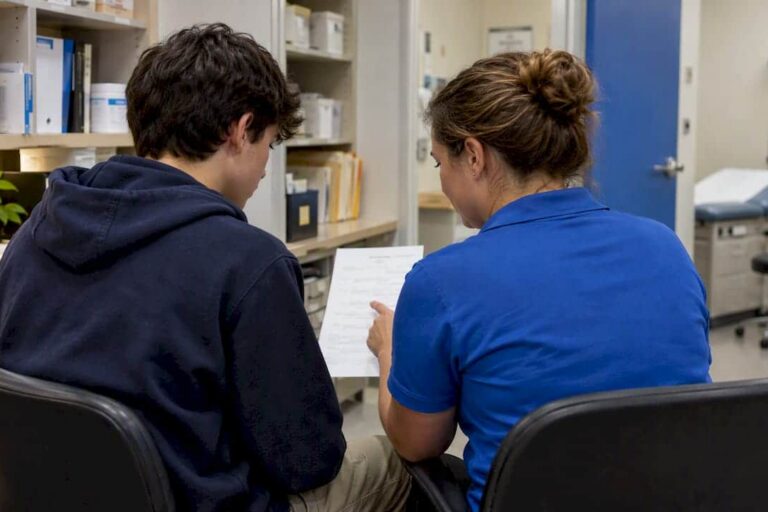 Teen discussing confidential insurance billing at clinic