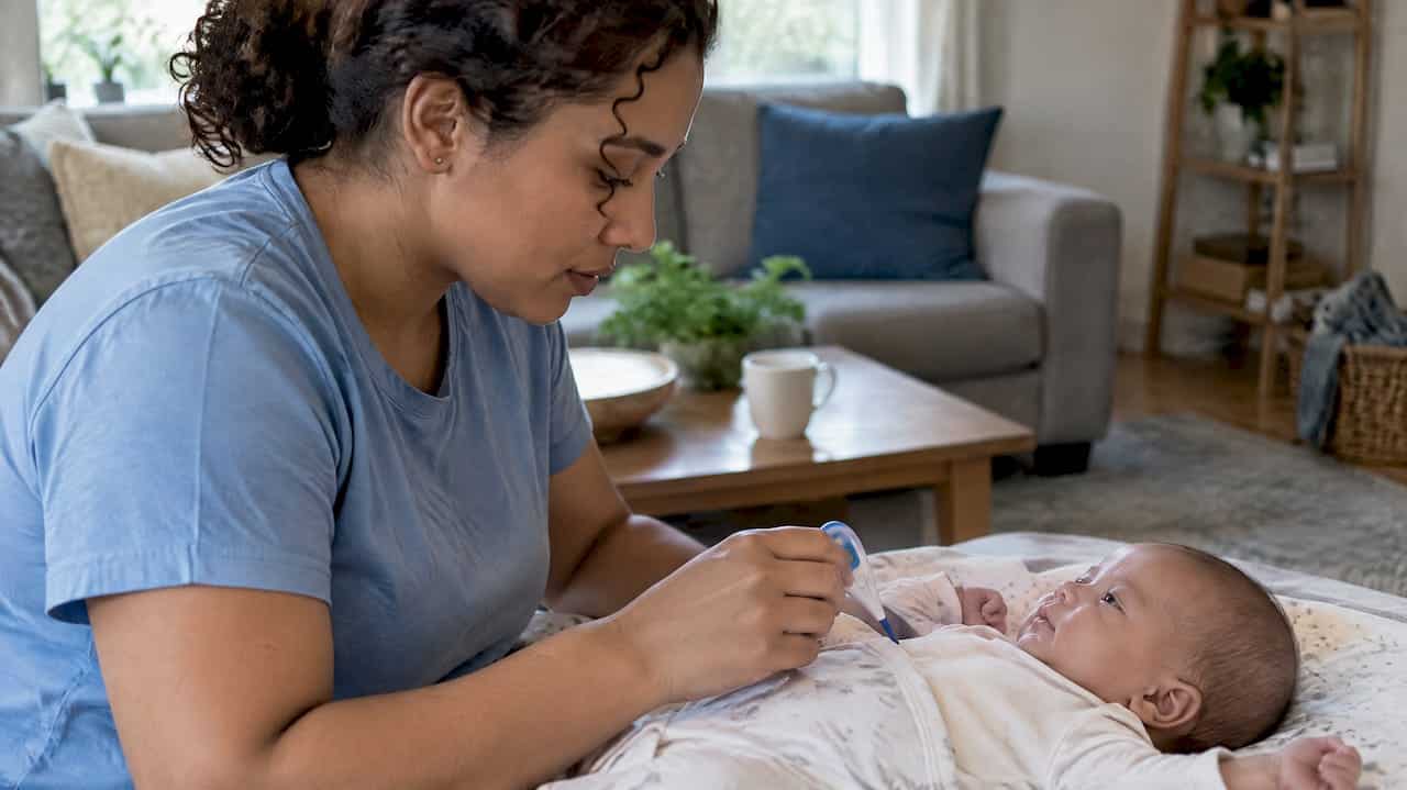 Caregiver checking a young infant temperature