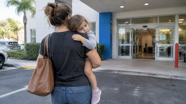 Parent bringing child with fever to clinic
