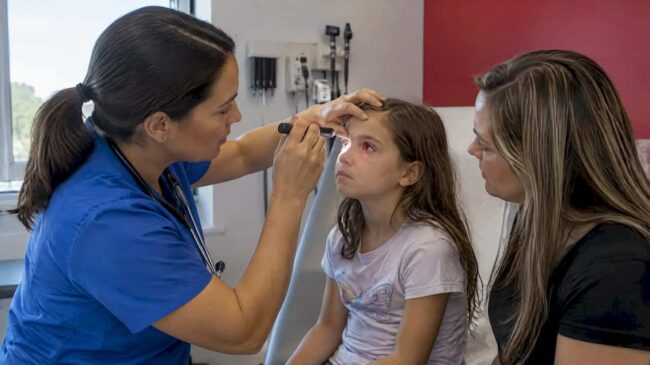 Clinician assessing child's red eye with parent