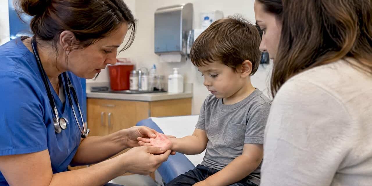1791200177519_Clinician-examining-child-s-HFMD-palm-rash Clinician examining child’s HFMD palm rash