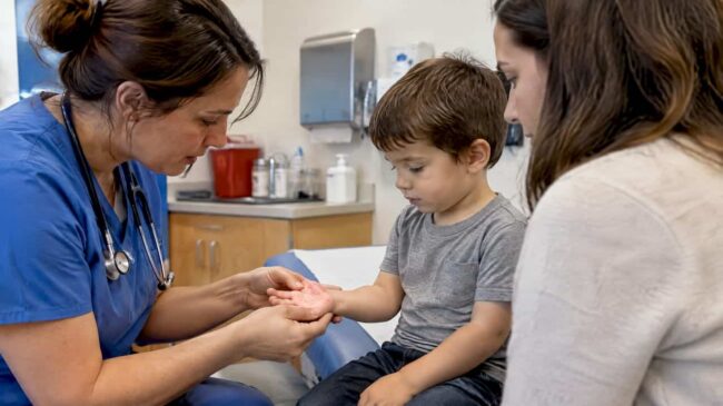 Clinician examining child’s HFMD palm rash