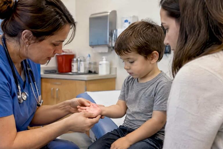 Clinician examining child’s HFMD palm rash