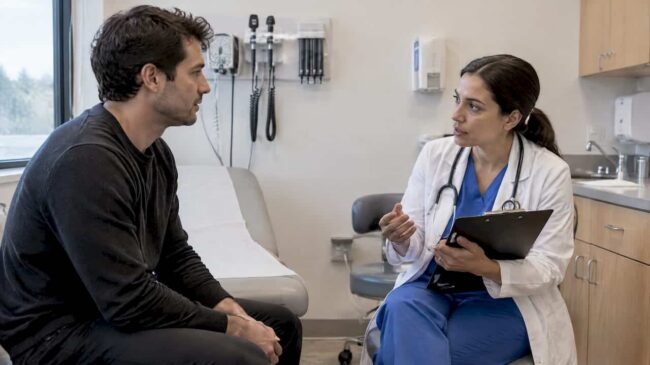 Patient discussing STI test timing with clinician