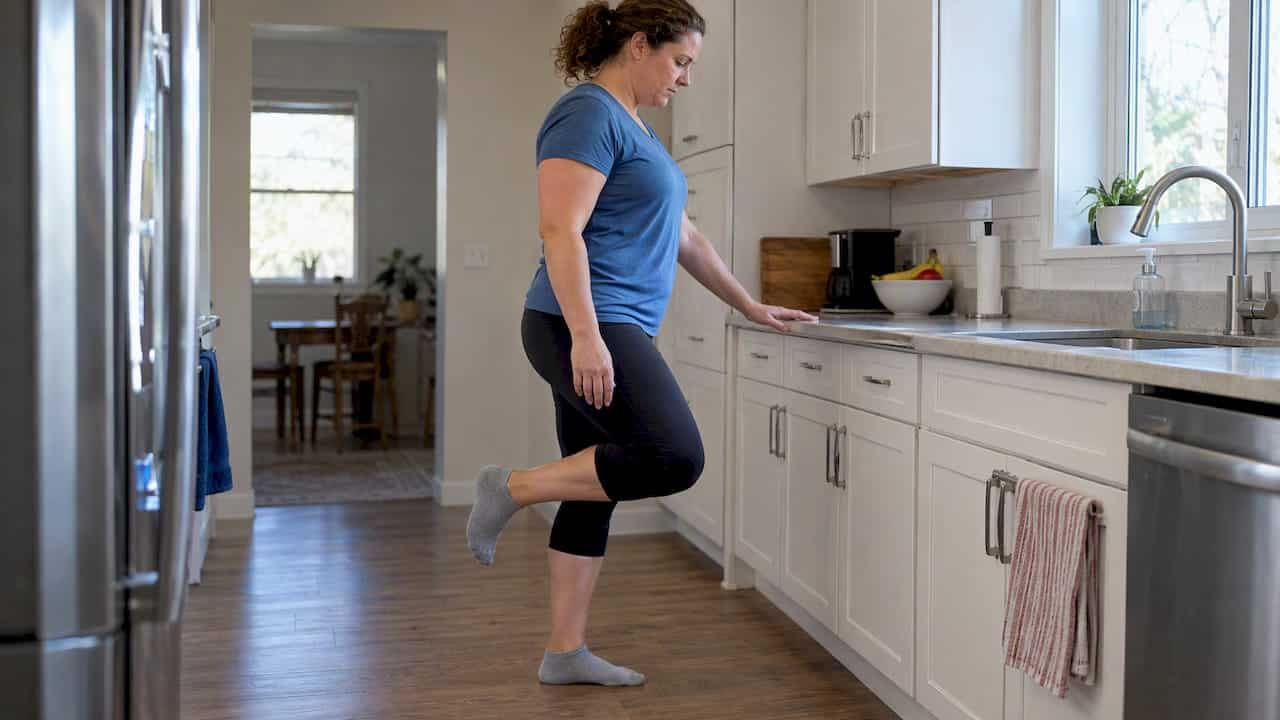 Adult practicing a supported single-leg balance