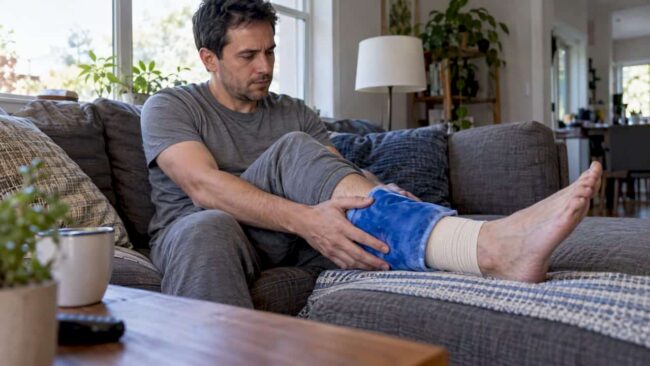 Adult applying a cold pack to an ankle
