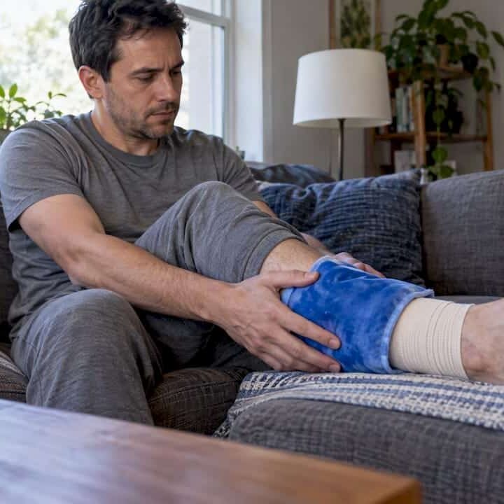 Adult applying a cold pack to an ankle