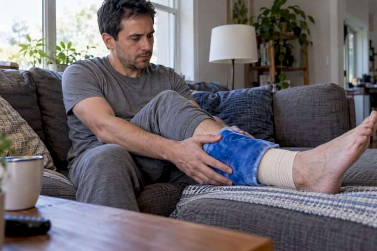 Adult applying a cold pack to an ankle