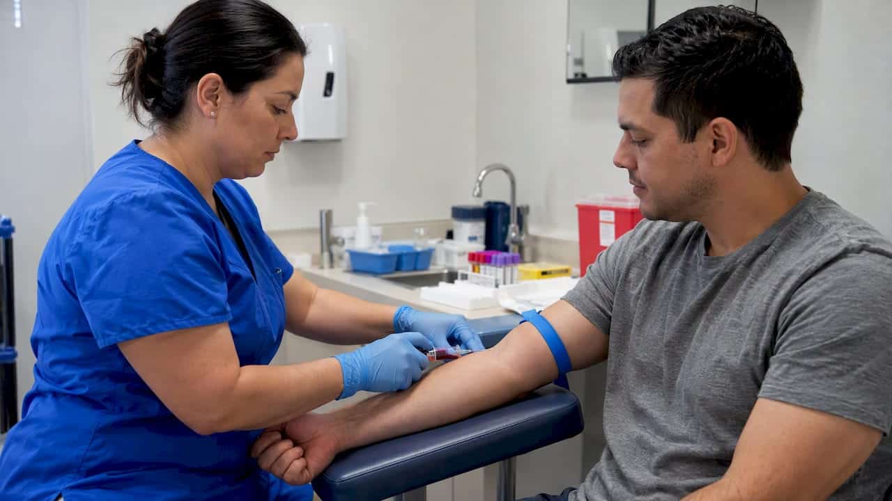 Clinician drawing blood in a clinic