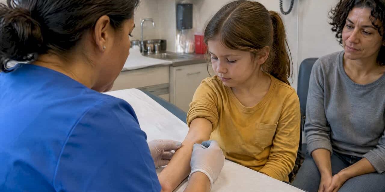 Clinician gives child a TB skin test