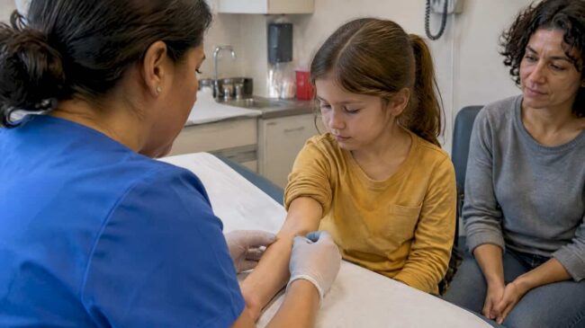 Clinician gives child a TB skin test