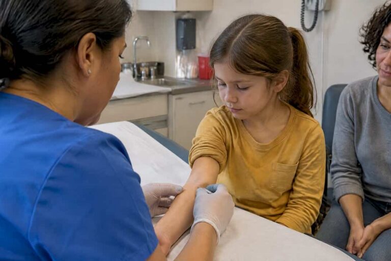 Clinician gives child a TB skin test