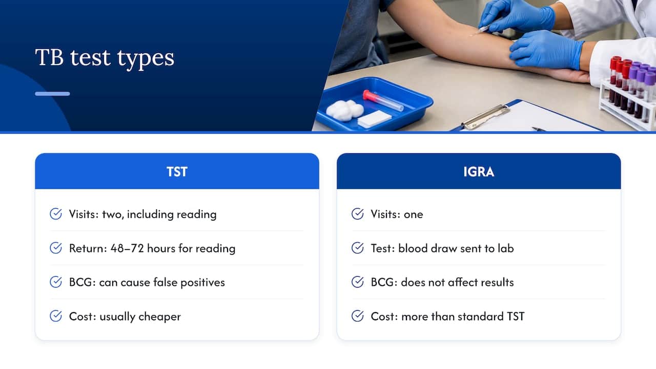 Accepted test types: TST and IGRA blood tests, explained — overview diagram