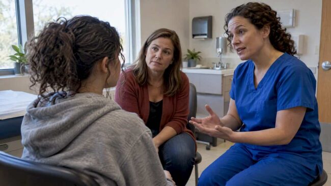 Teen and mother discussing therapy privacy