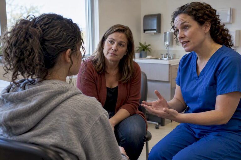 Teen and mother discussing therapy privacy