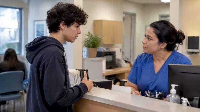 Teen asking clinic staff about insurance privacy