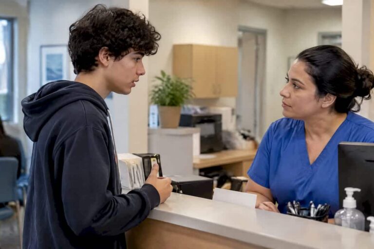 Teen asking clinic staff about insurance privacy