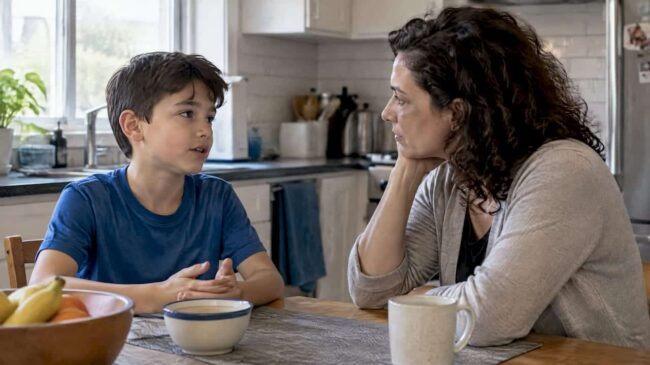 Mother listening as child talks at home