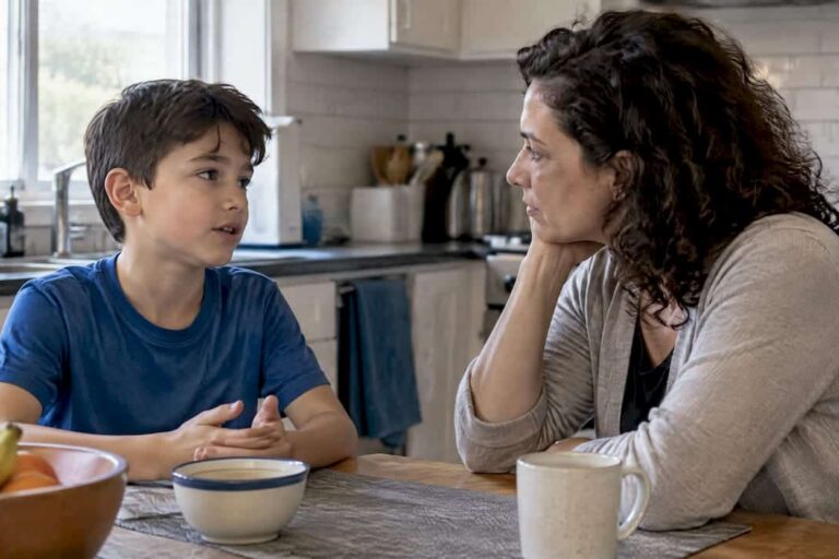Mother listening as child talks at home