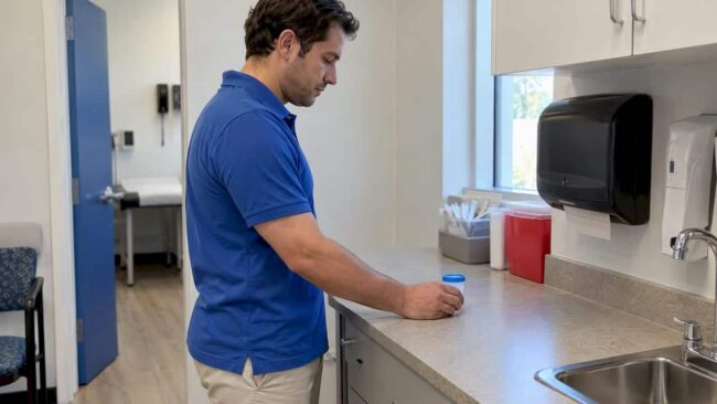 Patient submitting a specimen at a clinic