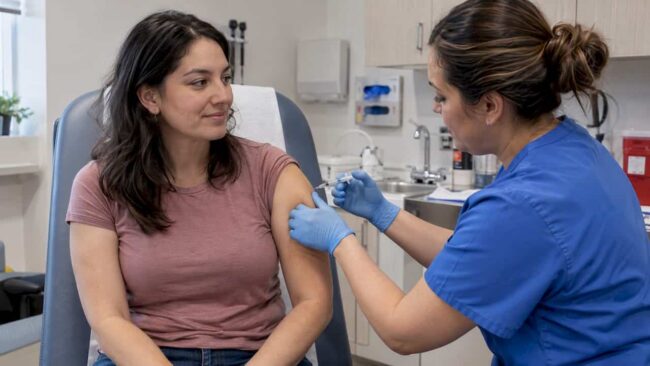 Adult receiving an HPV vaccine at a clinic