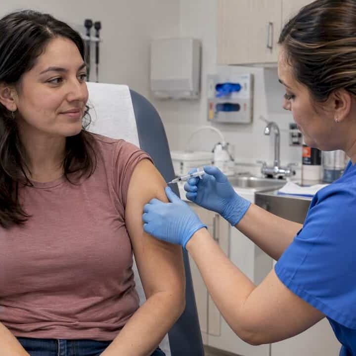 Adult receiving an HPV vaccine at a clinic