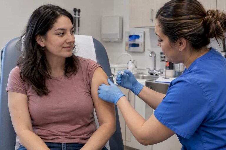 Adult receiving an HPV vaccine at a clinic