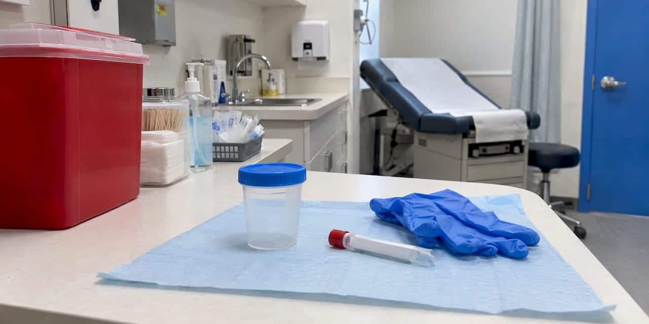 Specimen collection supplies in a clinic testing room