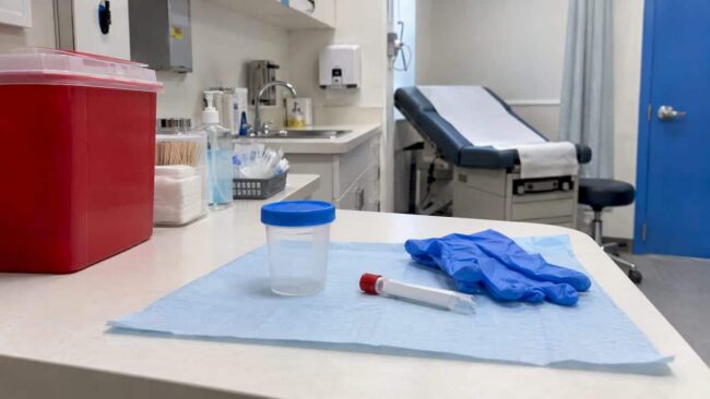 Specimen collection supplies in a clinic testing room